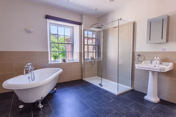 Bathtub and Walk In Shower in Salutation Apartment Bathroom
