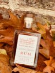 Netherby Hall Walled Garden Rum bottle resting on autumn leaves against a stone wall, showcasing its rectangular shape and natural cork stopper.