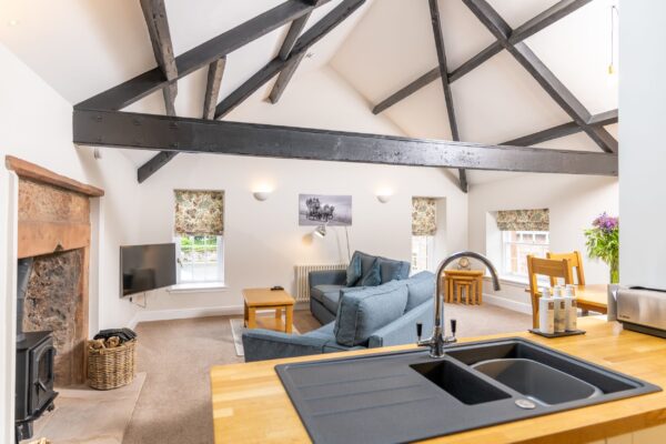 Modern open plan living area and kitchen in the Clock Tower Apartment, luxury self-catering accommodation at Netherby Hall, Cumbria