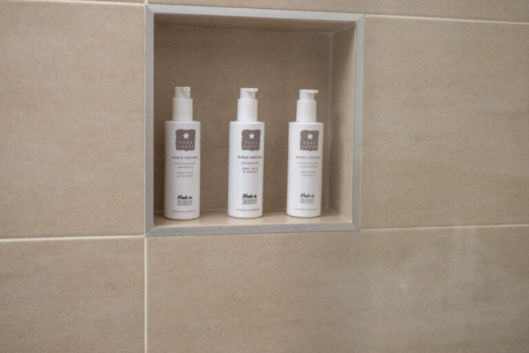 Luxury toiletries provided in the bathroom of the Clock Tower Apartment at Netherby Hall, Cumbria