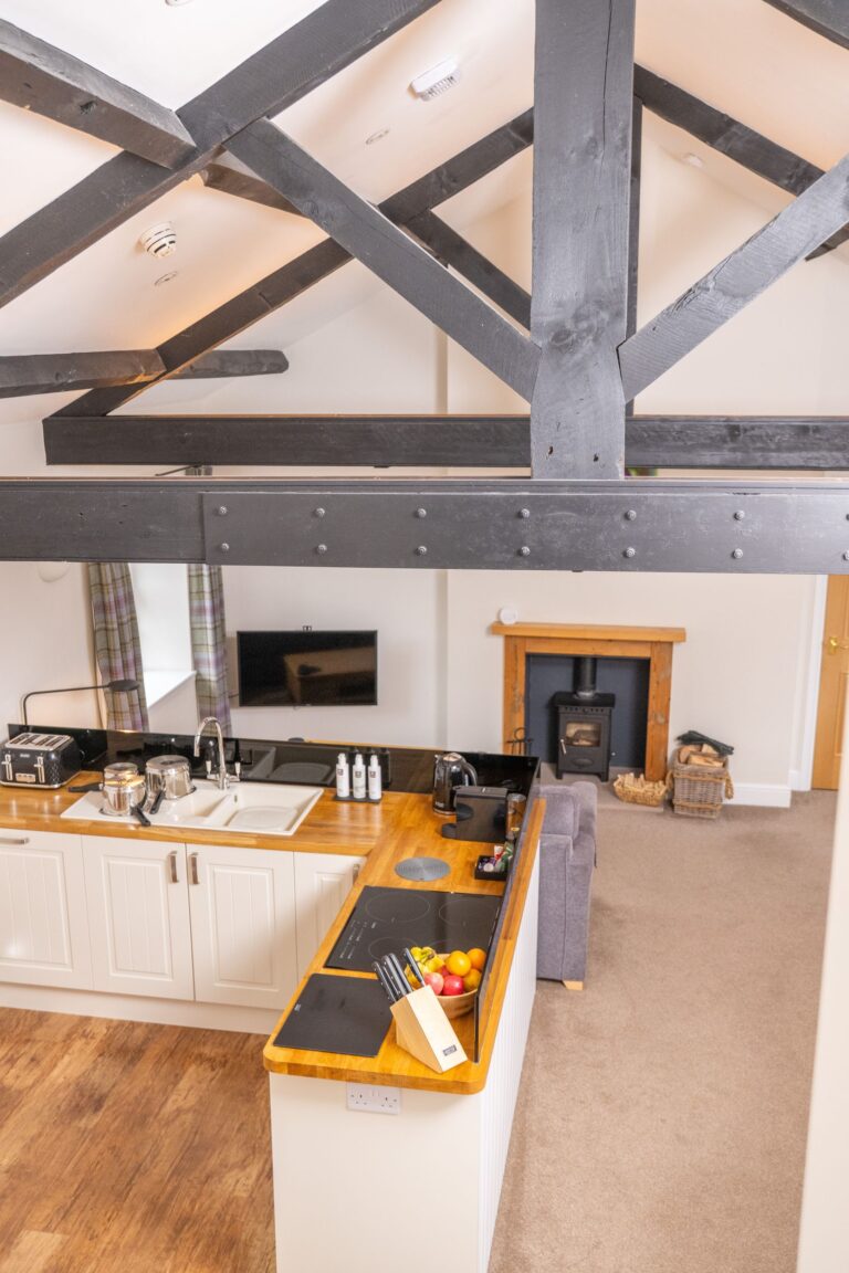 Modern kitchen and living area with rustic exposed wooden beams in the Engineer Apartment at Netherby Hall