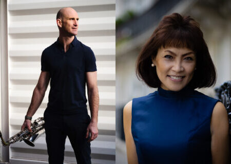 Huw Wiggin holding a saxophone and Noriko Ogawa smiling - Absolute Classics Music Concert at Netherby Hall 2026