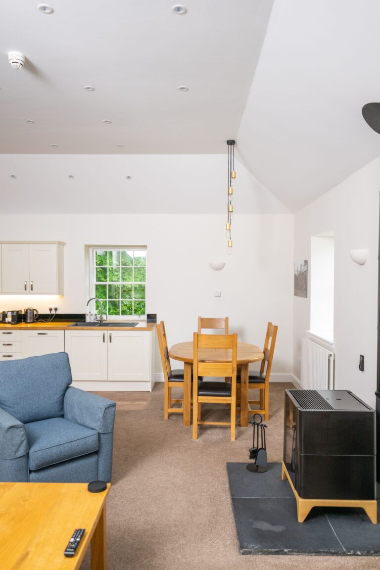 Open plan kitchen and dining area in the luxury Independent Apartment at Netherby Hall, Cumbria