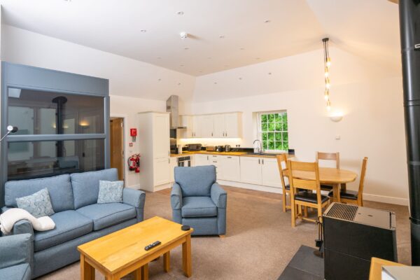 Open plan living area and modern kitchen in the Independent Apartment at Netherby Hall, Cumbria