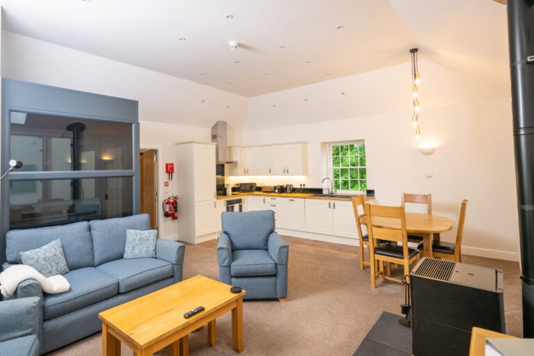 Open plan living area and modern kitchen in the Independent Apartment at Netherby Hall, Cumbria