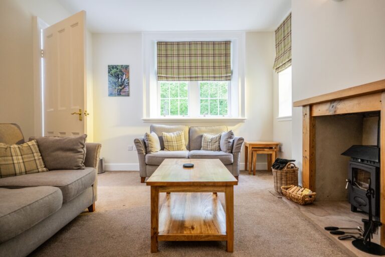 Living room in Middle Lodge apartment featuring a grey sofa, wooden coffee table, and a wood-burning stove