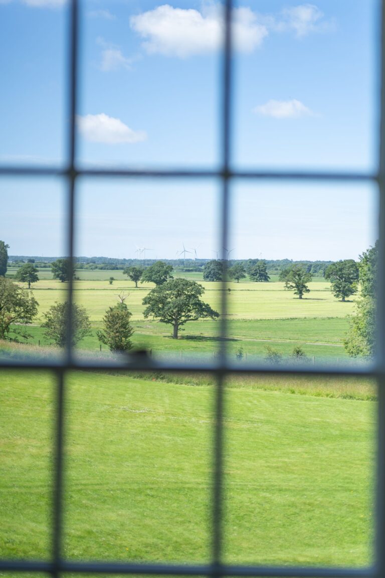 View of lush green rolling hills and trees through a window at Salutation Apartment, Netherby Hall luxury self-catering Cumbria accommodation