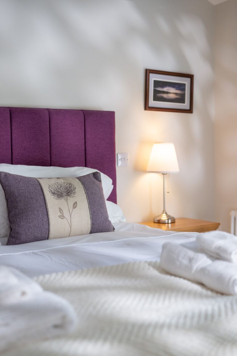 Bedroom in the Sir Walter Scott Apartment at Netherby Hall featuring a purple headboard and floral accent pillow