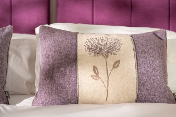 Decorative floral pattern cushion in the Sir Walter Scott Apartment at Netherby Hall, Cumbria