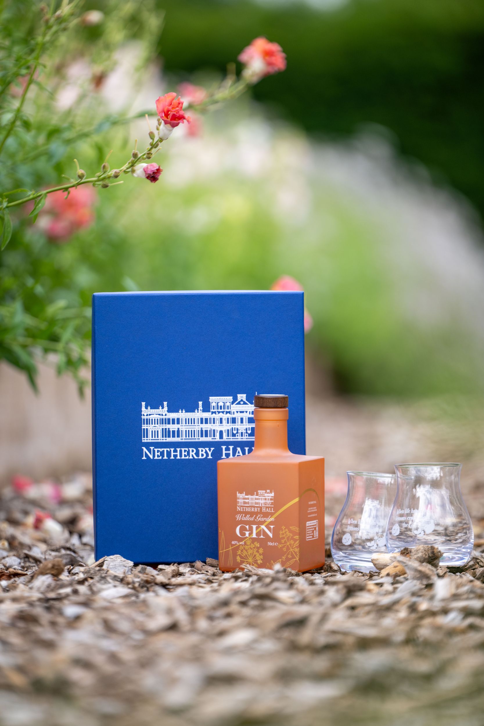 Netherby Hall gin bottle and blue gift box with glasses set against a lush garden background
